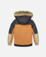 Back view of jacket with storm flap and faux-fur hood, kids winter suit.