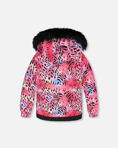 Girls winter snowsuit jacket multicolor print, part of Deux Par Deux two-piece ski set with reinforced pants