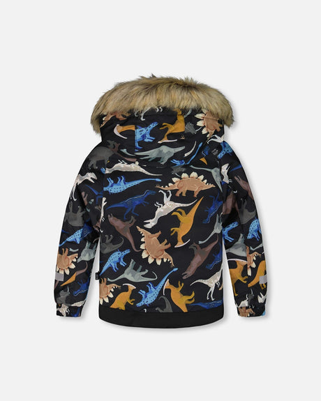 Back view of jacket with fur-trim hood, two-piece ski suit, dinosaurs print.
