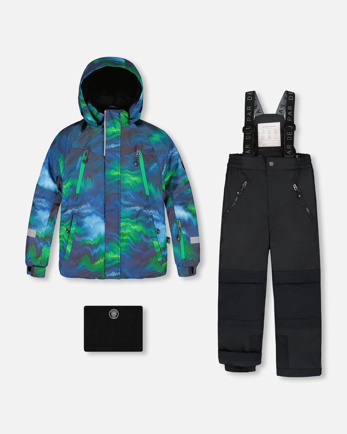 Boys snowsuit two-piece set with printed jacket and black pants, flat lay