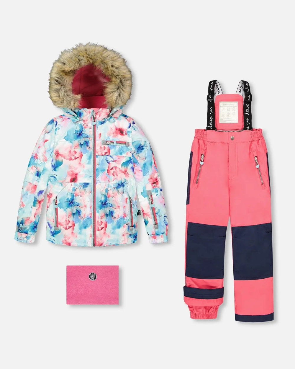 Flat lay two-piece ski suit with flash-coral floral jacket and navy pants.