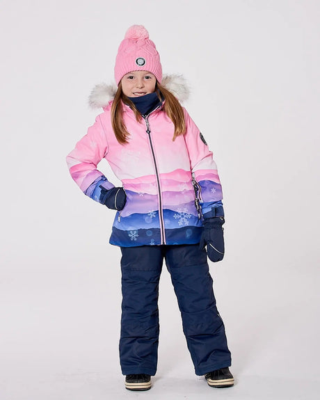 Model wearing pink gradient jacket and snow pants, detachable hood, breathable shell.