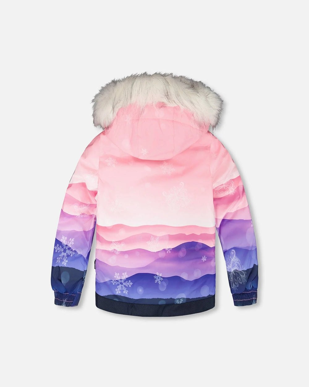 Back view of gradient jacket with faux-fur hood and snow skirt — two-piece ski suit.