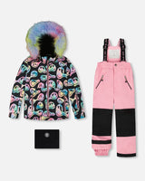 Girls snowsuit two-piece ski suit smiley jacket + pink snow pants, waterproof to -30C