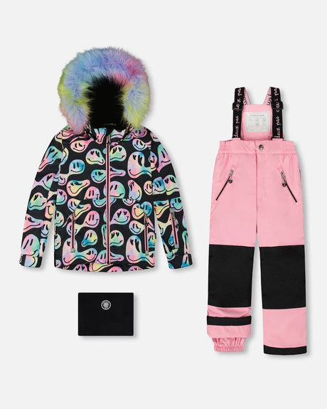 Girls snowsuit two-piece ski suit smiley jacket + pink snow pants, waterproof to -30C