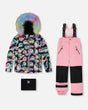 Girls snowsuit two-piece ski suit smiley jacket + pink snow pants, waterproof to -30C