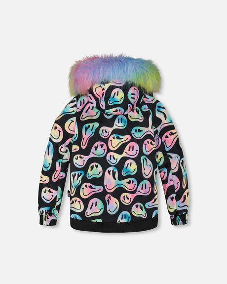 Back view of jacket and snow pants, smiley print, kids winter suit