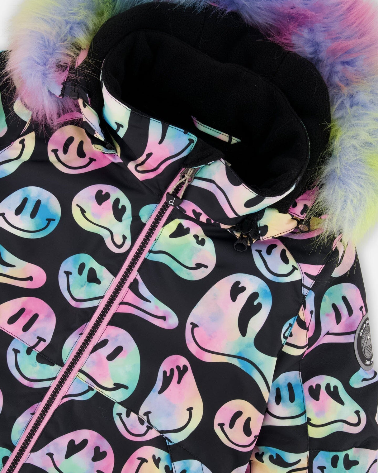 Detail of wind flap and chin guard, pink jacket two-piece ski suit