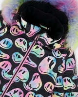 Detail of wind flap and chin guard, pink jacket two-piece ski suit