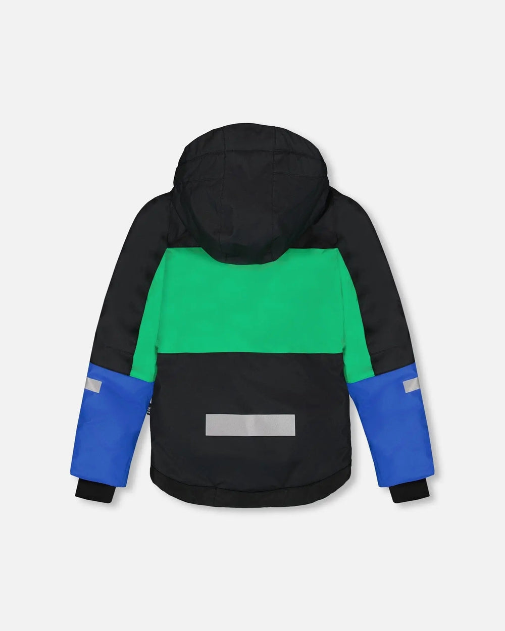 Back view of jacket with fleece lining and pass pocket, kids winter suit.