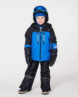 Front view of blue/black jacket, fleece lining and chin guard, two-piece ski suit.