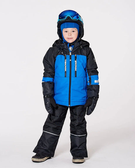 Front view of blue/black jacket, fleece lining and chin guard, two-piece ski suit.