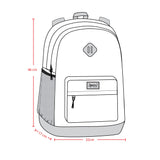 Product diagram of kids school backpack showing compartments, laptop sleeve, and front pocket layout.