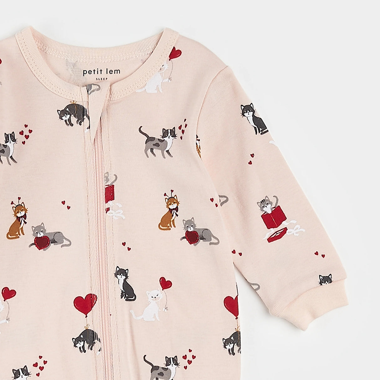 alternate view of cat print organic cotton baby footed sleeper silver peony