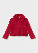 Mayoral baby cardigan with faux fur collar in Red, sizes 6M-4Y – product view 1