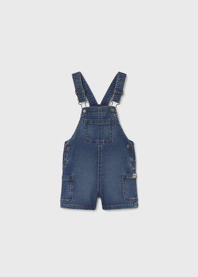Mayoral baby Blue denim short overall romper with front bib, pockets, and cotton-blend stretch.