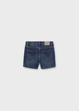 Back view of Mayoral baby denim shorts showing classic wash and everyday pocket detail.