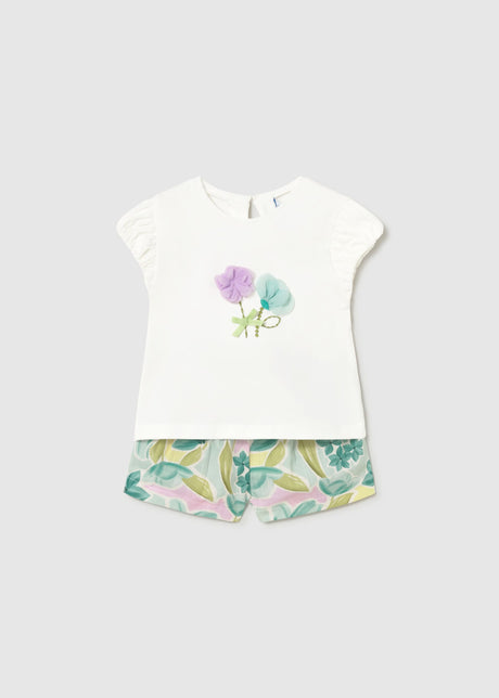 Mayoral baby girl floral shorts and white T-shirt set with soft cotton stretch top.