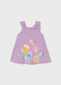 Mayoral baby girl Lilac graphic dress with floral front print, wide straps, and playful bee detail.