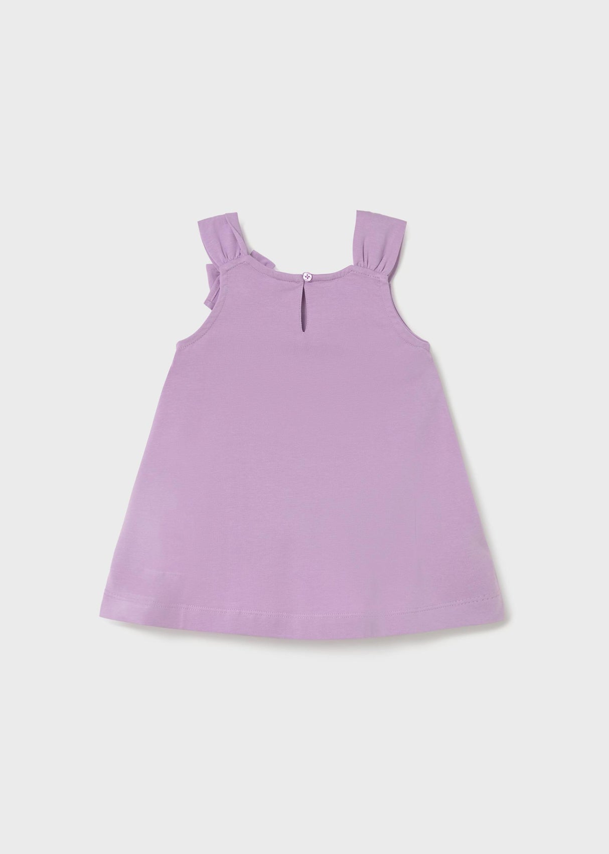 Back view of Mayoral Lilac baby dress showing simple sleeveless silhouette.