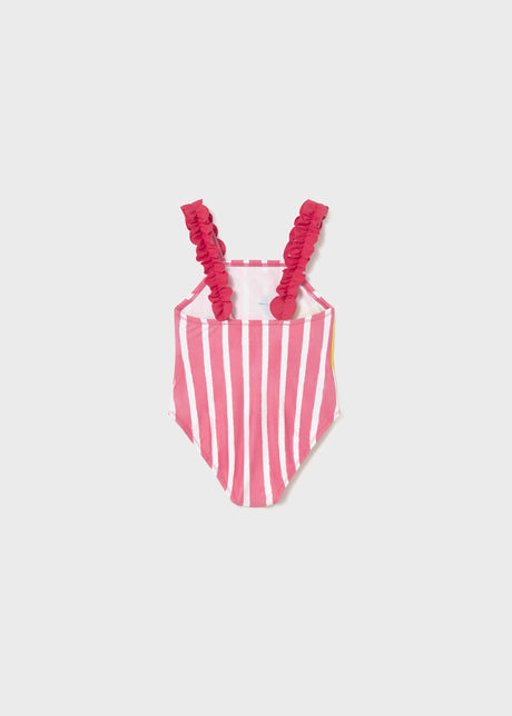 Back view of Mayoral baby girl Pink striped one-piece swimsuit with ruffled straps.