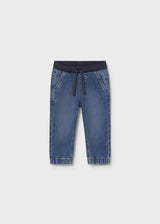 Mayoral baby boy Dark Blue elastic waist jogger jeans with drawstring and cuffed ankles.