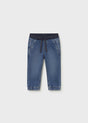 Mayoral baby boy Dark Blue elastic waist jogger jeans with drawstring and cuffed ankles.