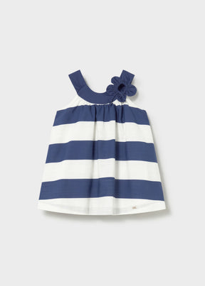 Mayoral baby girl Navy/White striped cotton dress with shoulder straps and flower detail.