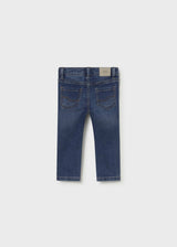 Back view of Mayoral baby slim fit jeans showing Dark Blue denim wash and pocket details.