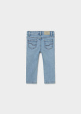 Back view of Mayoral baby slim fit jeans showing Light Blue denim wash and pocket details.
