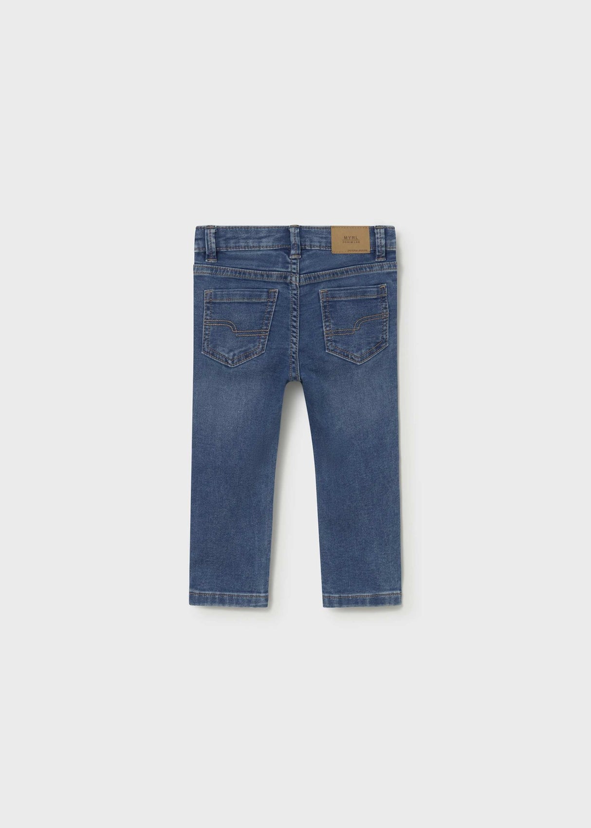 Back view of Mayoral baby boy Light Blue jeans showing classic denim pockets and slim fit.