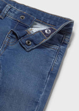 Closeup of Mayoral baby boy Light Blue jeans showing waistband, pocket detail, and denim fabric.
