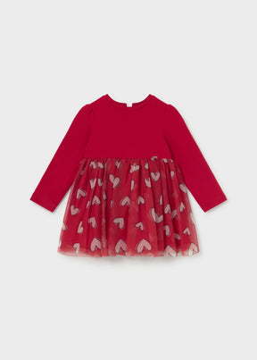 Mayoral baby girl red tulle dress with pink heart print and long sleeves, front view