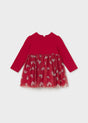 Mayoral baby girl red tulle dress with pink heart print and long sleeves, front view