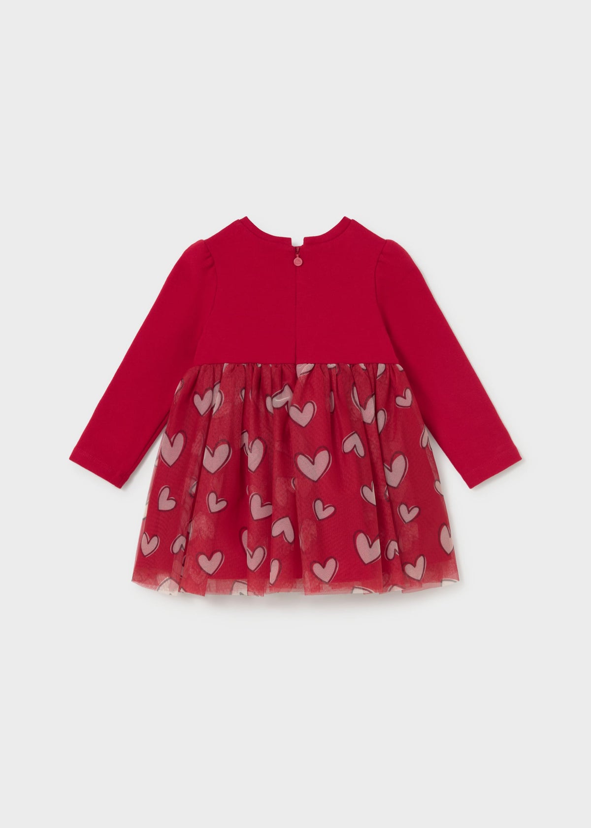 Back view of the red heart-print tulle dress showing the back zipper with pink pull