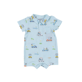Front view of Angel Dear Golf Carts Blue bamboo polo shortie for baby boys