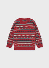Red jacquard knit sweater with grey, cream and navy geometric stripes, Mayoral boys