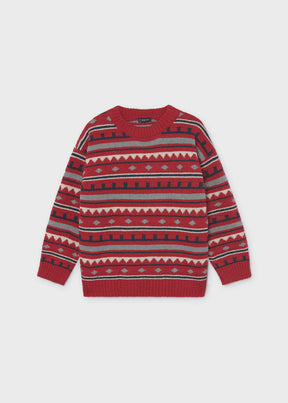 Red jacquard knit sweater with grey, cream and navy geometric stripes, Mayoral boys