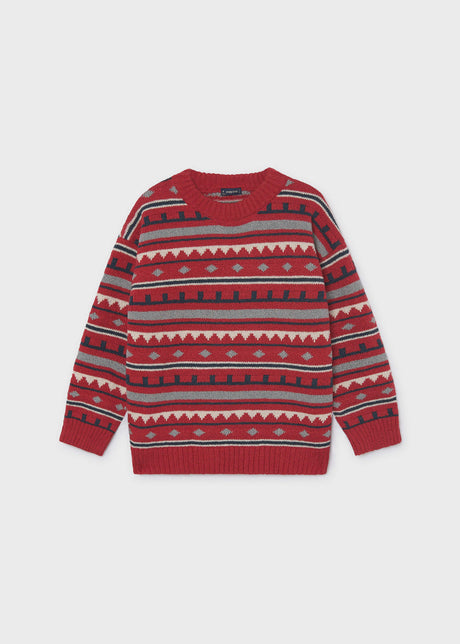 Red jacquard knit sweater with grey, cream and navy geometric stripes, Mayoral boys
