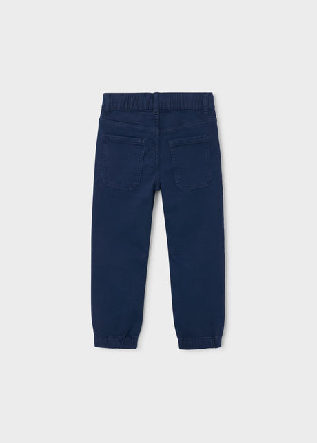 Back of the navy jogger pants with two back pockets and elastic cuffs