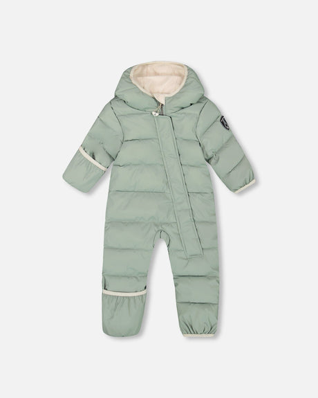 Flat lay front view of the sage green Baby Cloud one-piece snowsuit designed for car seats.