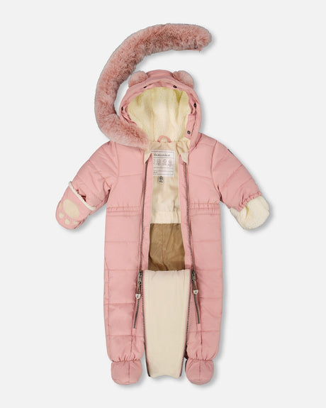Dusty pink baby snowsuit with sherpa hood and mittens