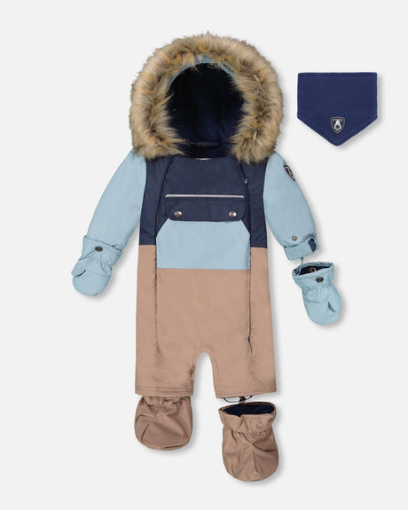 Deux Par Deux Baby Play Snowsuit Taupe front view with hood