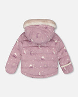 Hood with sherpa lining on Deux par Deux Baby Snug Snowsuit purple print