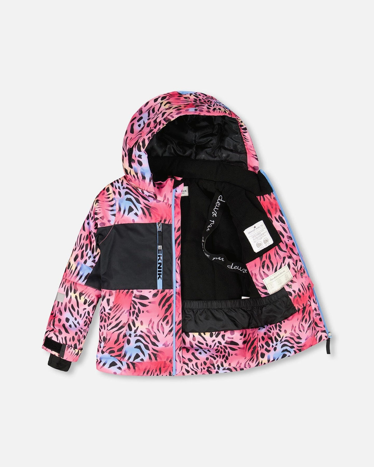 front view of Deux par Deux multicolor leopard & zebra snowsuit jacket