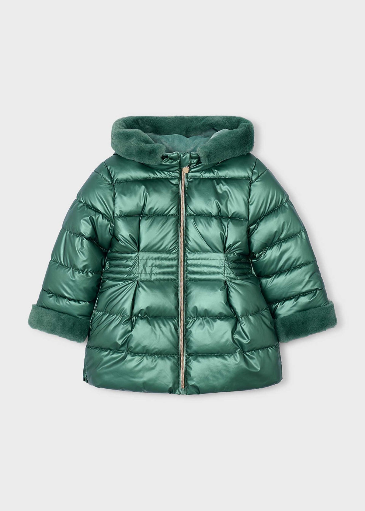 Metallic green hooded puffer coat laid flat with faux fur hood trim and fur cuffs