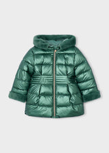 Metallic green hooded puffer coat laid flat with faux fur hood trim and fur cuffs