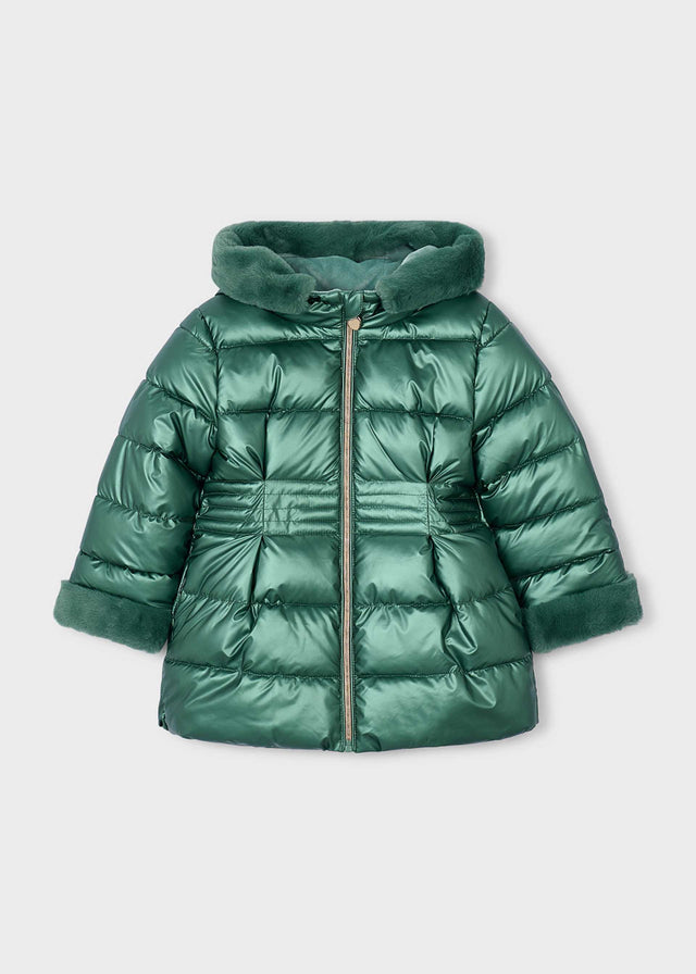 Metallic green hooded puffer coat laid flat with faux fur hood trim and fur cuffs
