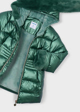 Open metallic green puffer jacket showing the lining and faux fur cuff