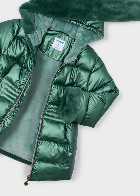 Open metallic green puffer jacket showing the lining and faux fur cuff